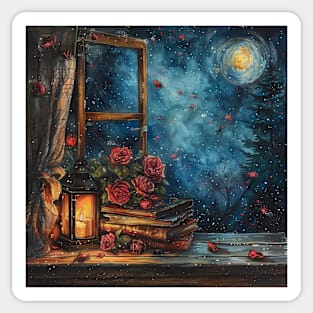 Fantasy winter starry night window Sticker